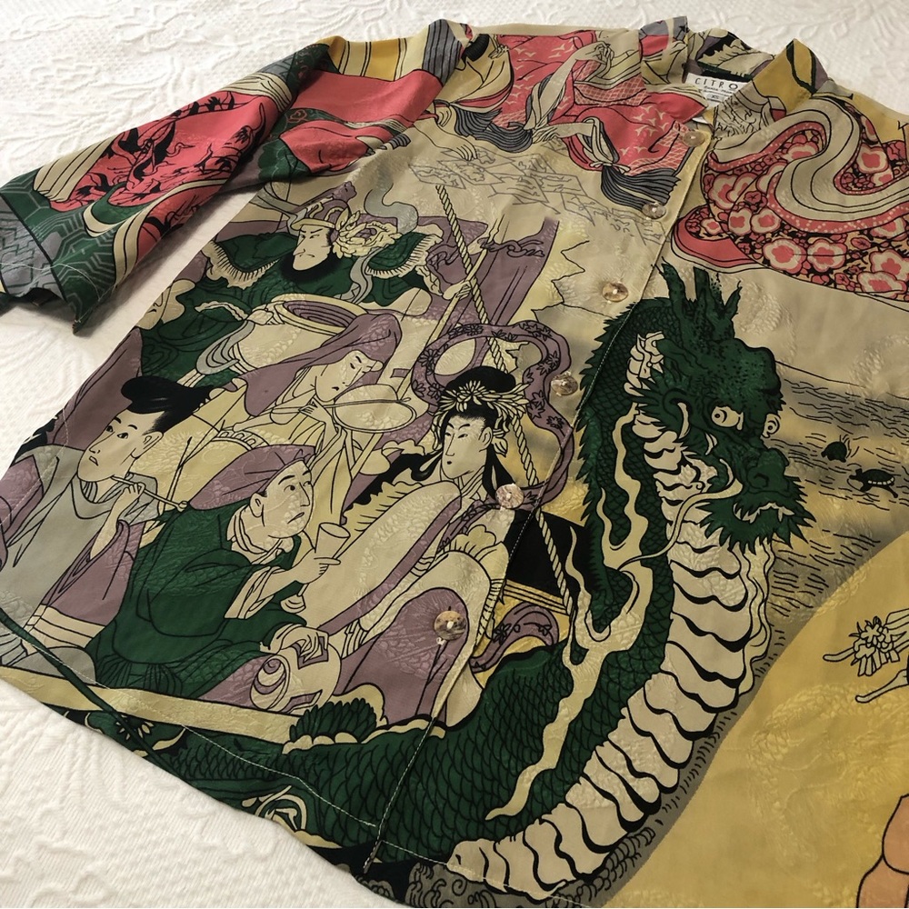 Citron Santa Monica Set 2pc Capri/Long Shorts Geisha Dragon 3/4 Sleeves XS - Picture 6 of 12